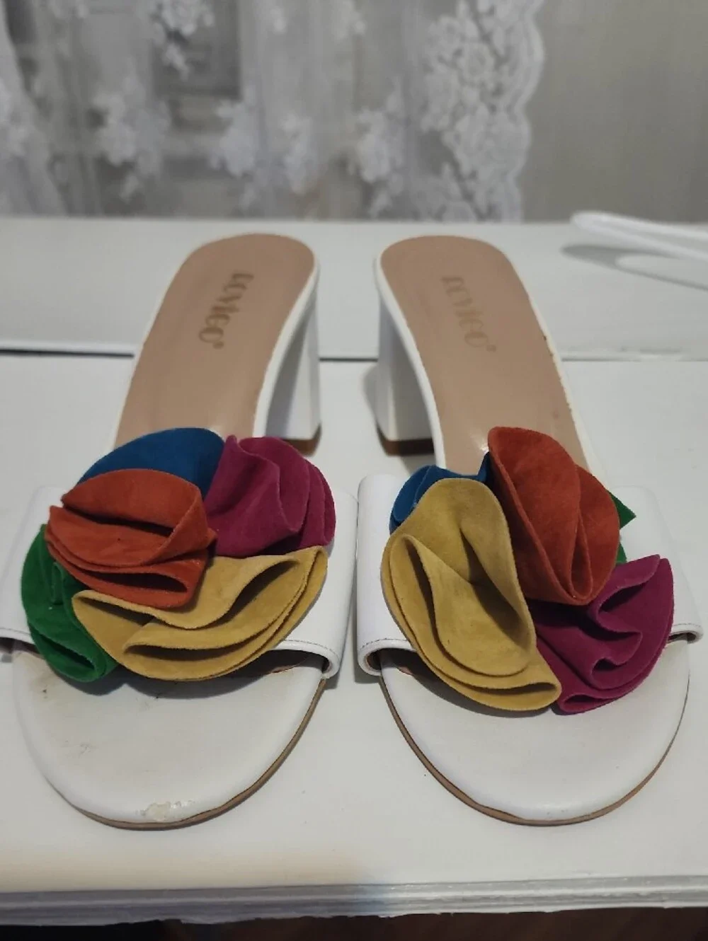White Heeled Slide Sandals with Multicolor Floral Accent